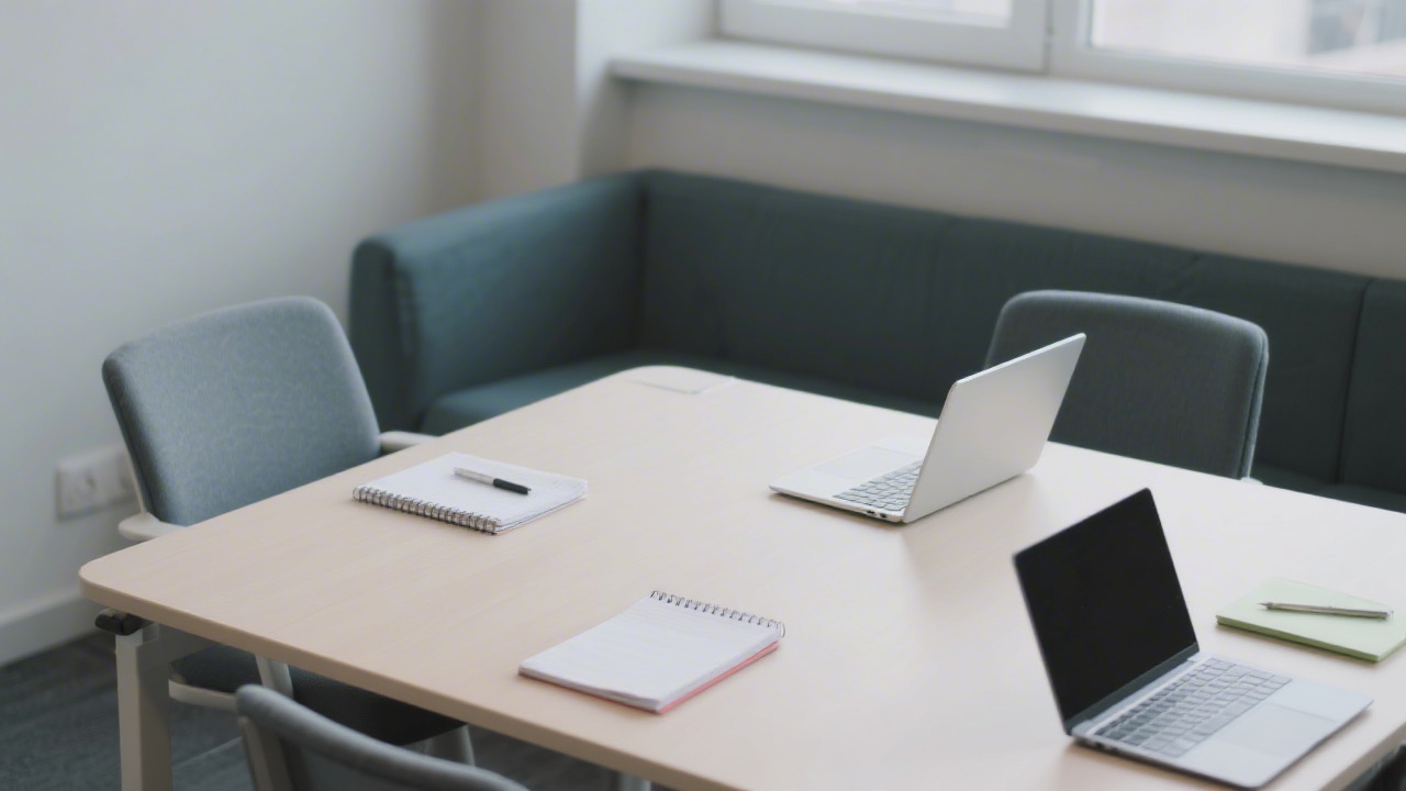 Professional meeting corner with a simple table, notepads, and laptops, representing a calm environment for discussing educational programs and business training plans.