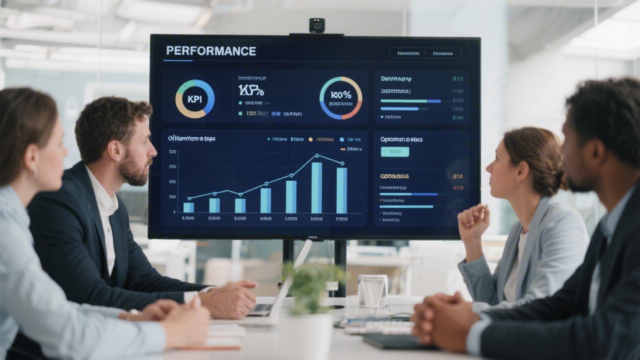 Performance dashboard on a large screen with clean charts and KPIs, while participants discuss optimization steps, creating a professional educational environment focused on measurable outcomes.
