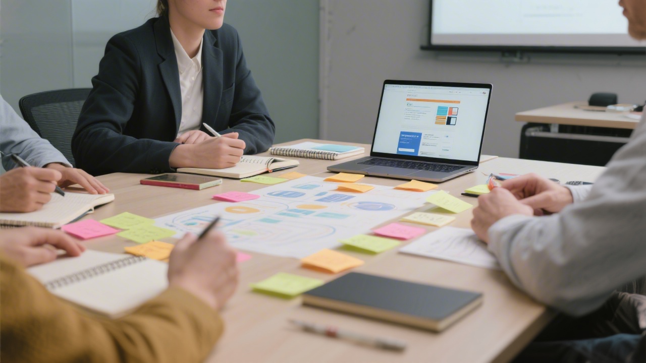 Workshop table with notebooks, post-it notes, and a laptop displaying a web layout, indicating collaborative creative planning in a modern business training environment.
